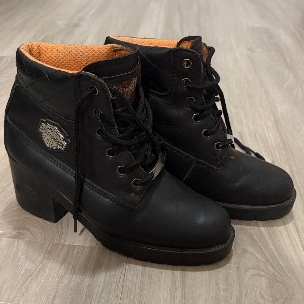 Harley-Davidson Women's Black Leather Heeled Boots With Orange Interior